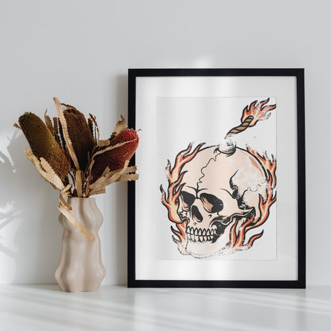 Fiery Skull with Flames Art Print Poster for Home Decor