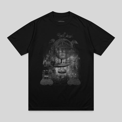 Black t-shirt with a detailed, vintage-style clockwork and zeppelin graphic.