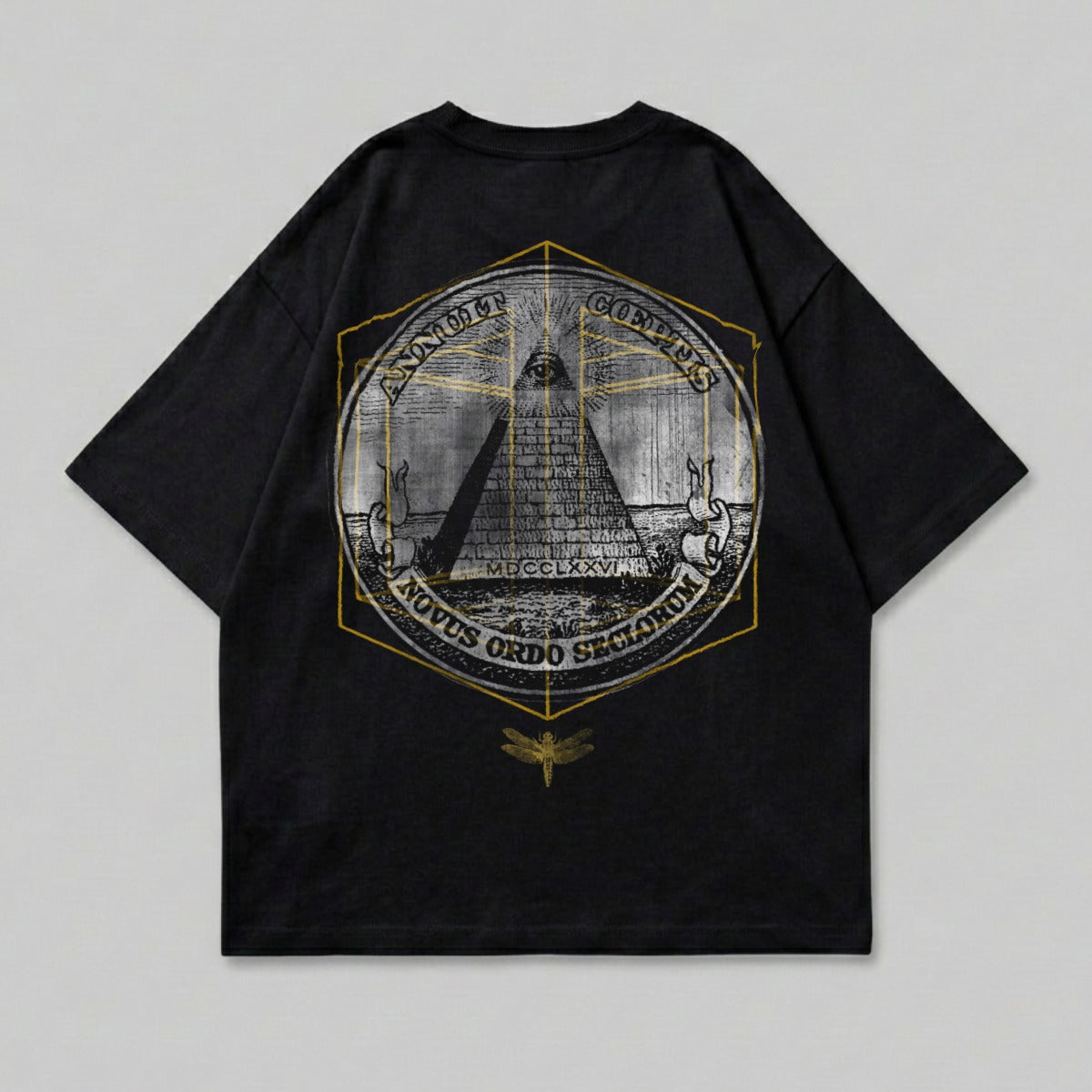 Black t-shirt with circular pyramid graphic and text.