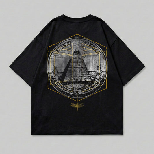 Black t-shirt with circular pyramid graphic and text.