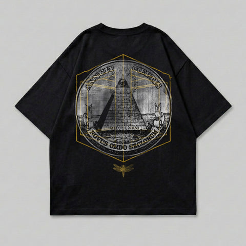 Black t-shirt with circular pyramid graphic and text.