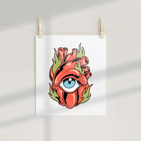 Heart with Blue Eye and Flames Artwork Poster