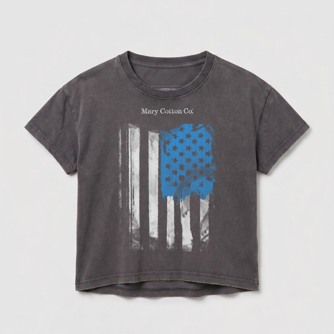 Gray t-shirt with distressed American flag graphic.