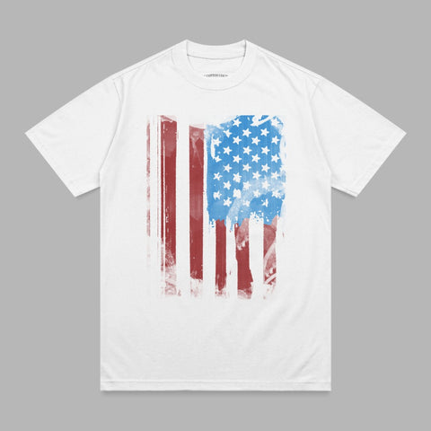 White t-shirt with distressed American flag graphic.