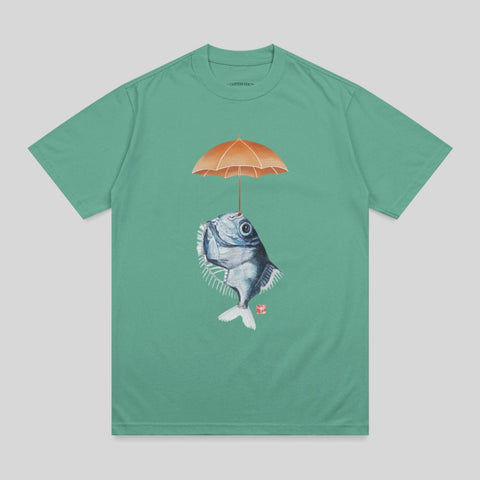 T-shirt with a fish holding an orange umbrella above its head.