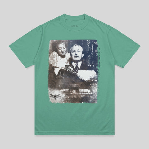 Green t-shirt featuring vintage portrait of a man and woman with a dragonfly.