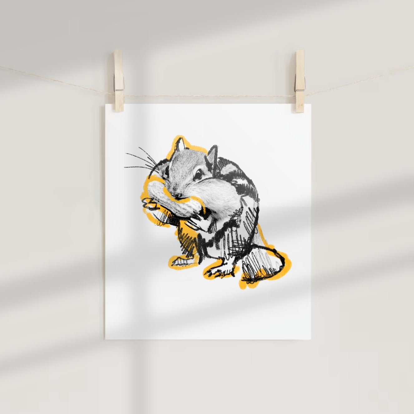 Cute Chipmunk Sketch Art with Yellow Accents Print