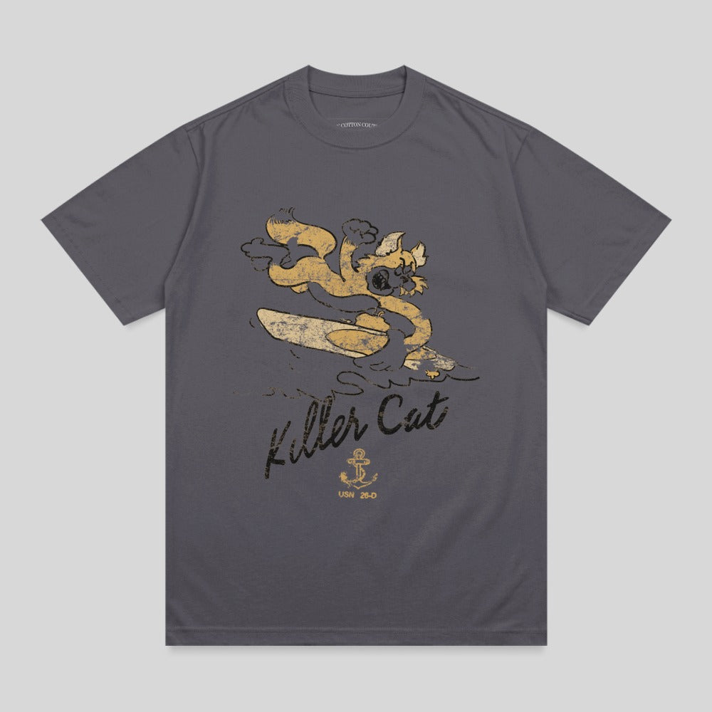 T-shirt with cartoon cat surfing with "Killer Cat" and anchor graphic.