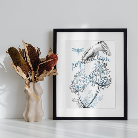 'Keep It Clean Poster with Hand and Flowers Artwork'