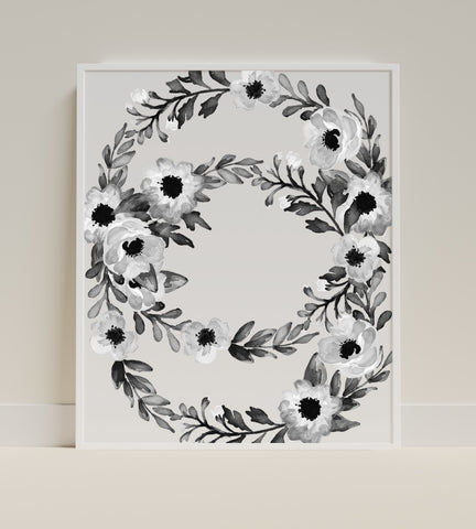 Monochrome Floral Wreath Artwork Wall Decor