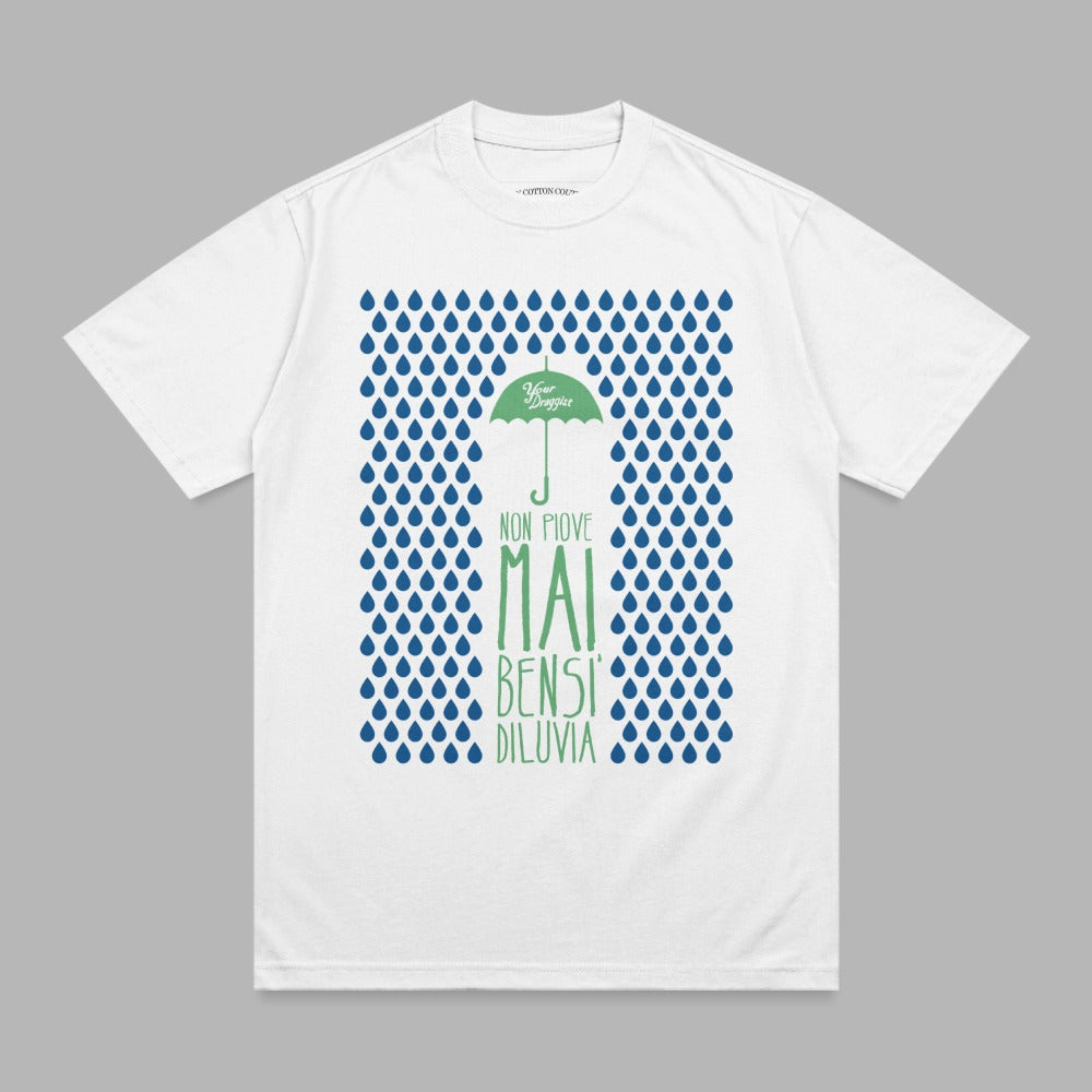 White t-shirt with green text and blue raindrops.