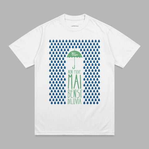 White t-shirt with green text and blue raindrops.