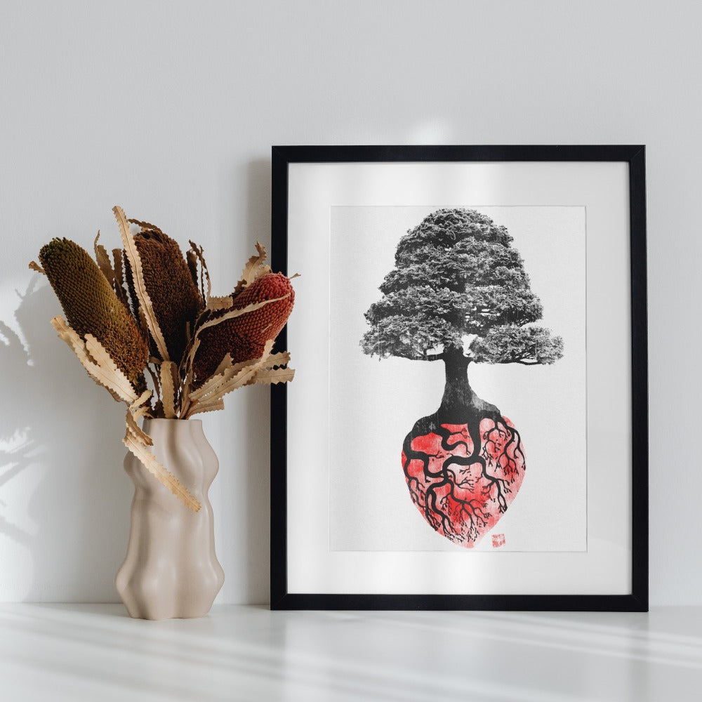 Unique Tree Art Print with Heart Roots Wall Decor