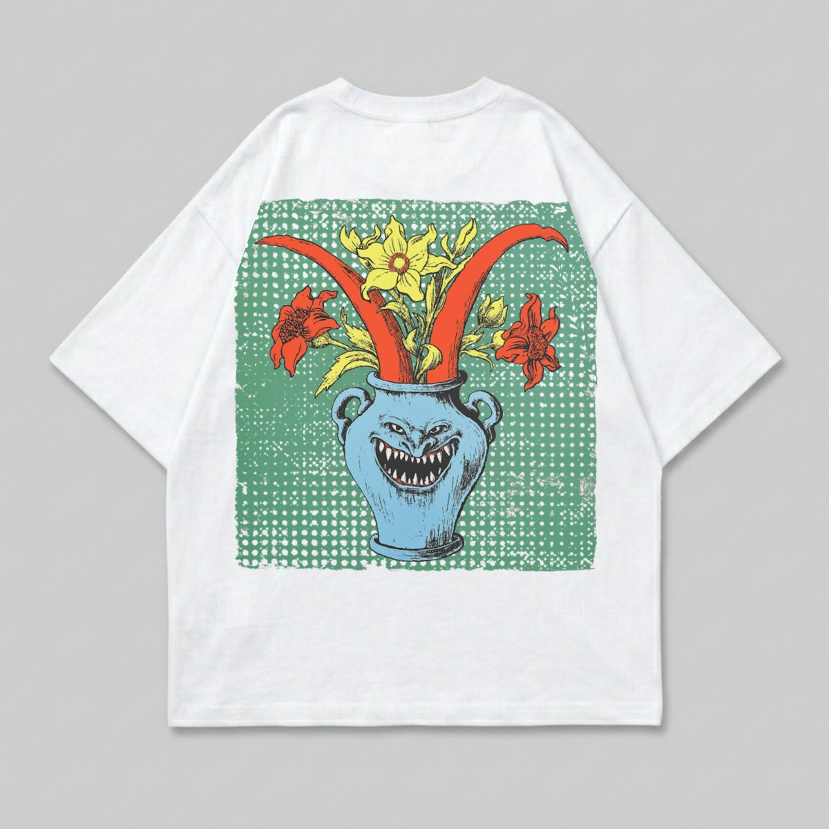 Monster Vase Floral Graphic Back Print product type
Monster vase
Floral graphic
Creepy smile
Scary teeth
Flower pot
Vibrant colors
Unique design
Back print
Streetwear
Edgy art
Illustration
Cartoon style
Blue vase
Red flowers
Yellow flowers
Green background
White apparel
Graphic design
Dark floral
Abstract pattern