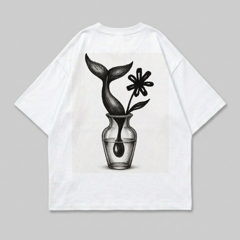 Whale tail and black flower in glass vase, graphic print on white t-shirt.