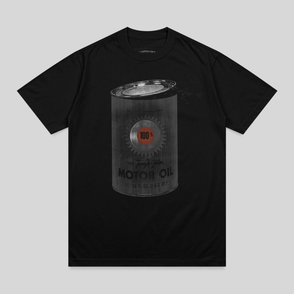 Black t-shirt with a graphic of a 100% Tough-Film Motor Oil can.