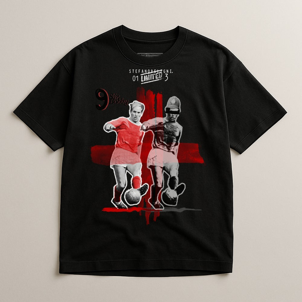 Black t-shirt featuring vintage football players and "STEFANO & CO. LIMITED 3" text.