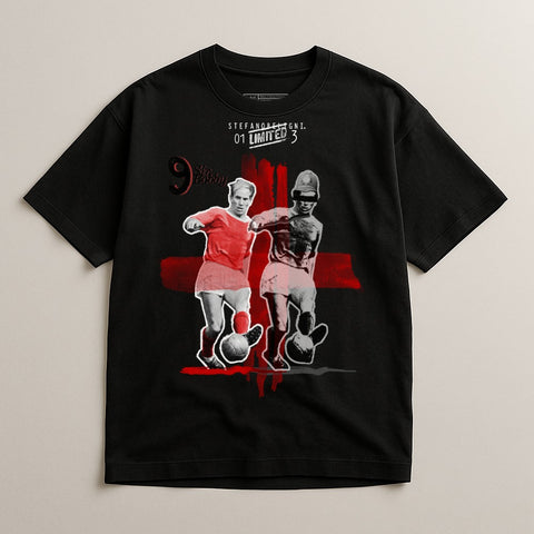 Black t-shirt featuring vintage football players and "STEFANO & CO. LIMITED 3" text.