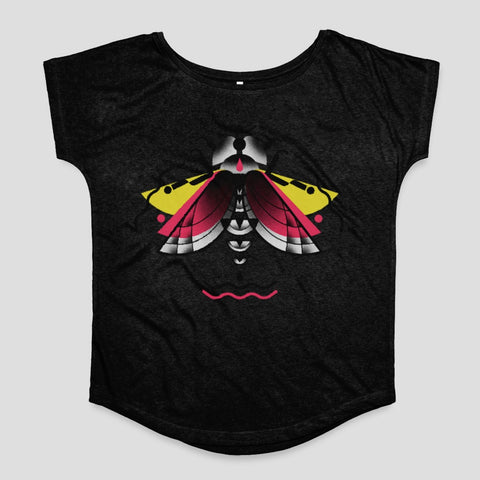 Colorful Moth Design on Black T-shirt