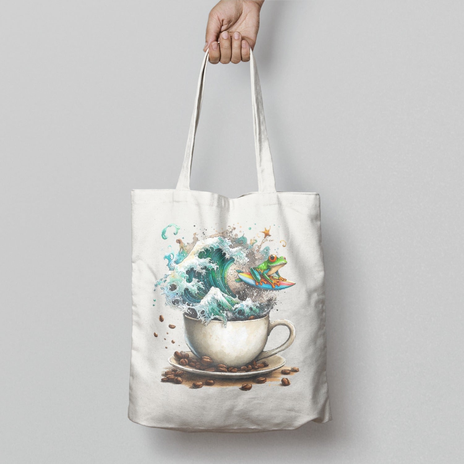 Surfing Frog and Coffee Cup Illustration Tote Bag