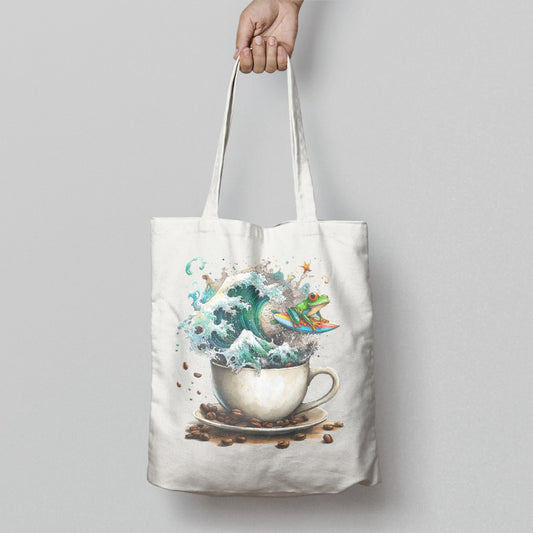 Surfing Frog and Coffee Cup Illustration Tote Bag