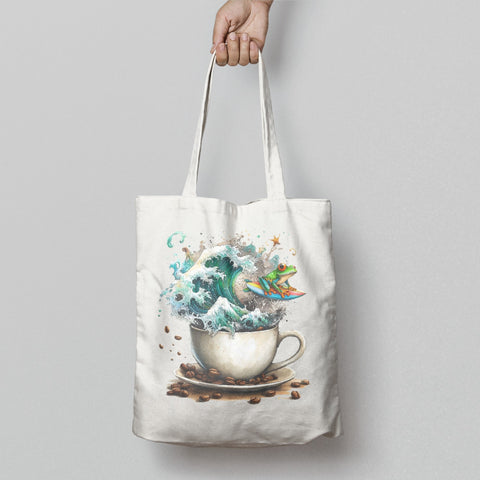 Surfing Frog and Coffee Cup Illustration Tote Bag
