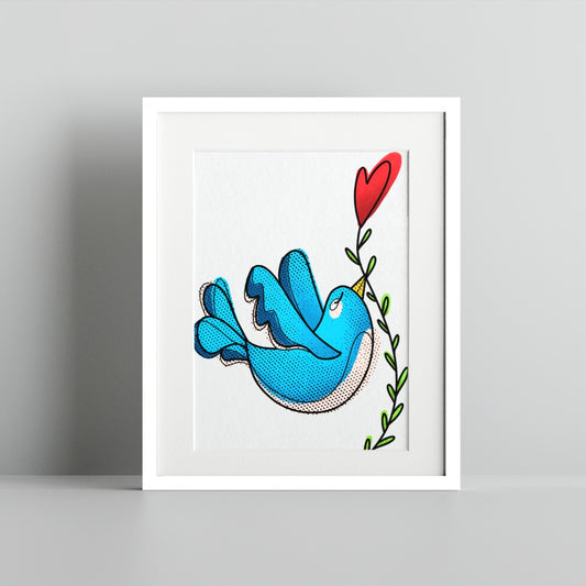 Blue Bird With Red Heart Modern Wall Art Print