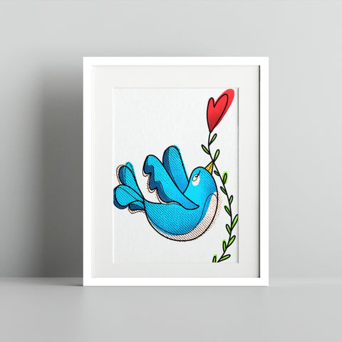 Blue Bird With Red Heart Modern Wall Art Print