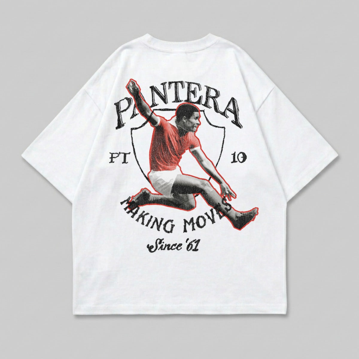 White t-shirt with "PANTERA MAKING MOVES Since '61" and a vintage illustration of a soccer player.