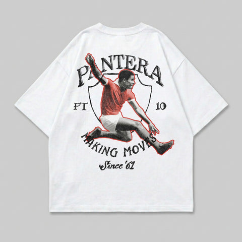 White t-shirt with "PANTERA MAKING MOVES Since '61" and a vintage illustration of a soccer player.