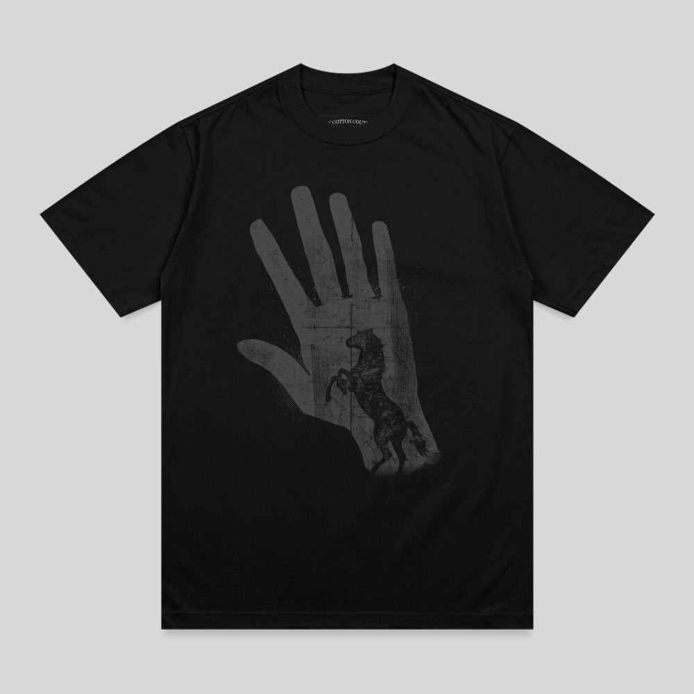 Black t-shirt with a dark gray hand and horse graphic.