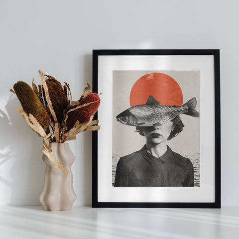 Surreal Artwork Featuring Woman With Fish and Sun