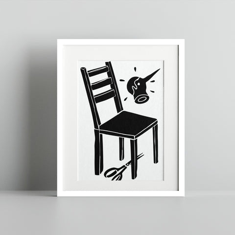 Black and White Minimalist Chair with Tools Art Print
