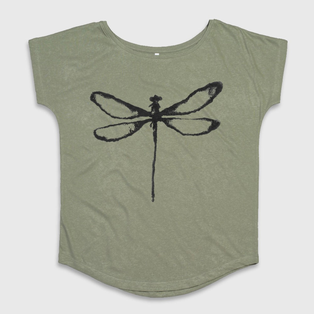 Dragonfly Printed Graphic Olive Green T-shirt