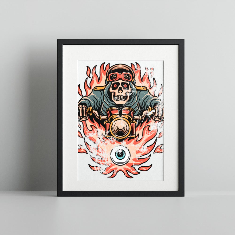 Skull Rider on Flaming Motorcycle Art Print
