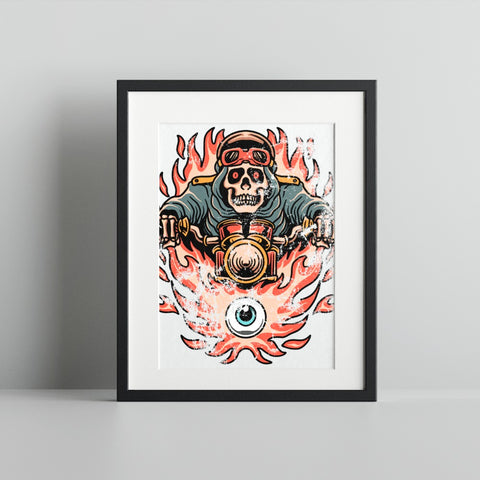Skull Rider on Flaming Motorcycle Art Print
