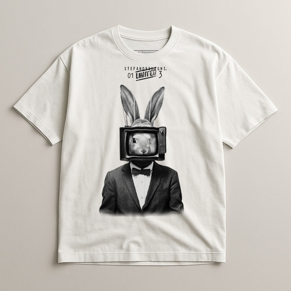 Unique Graphic Tee with Rabbit and TV Head Design