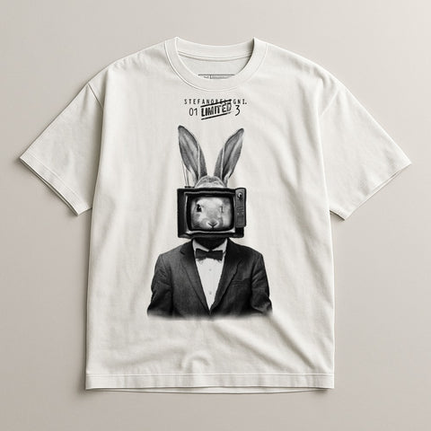 Unique Graphic Tee with Rabbit and TV Head Design