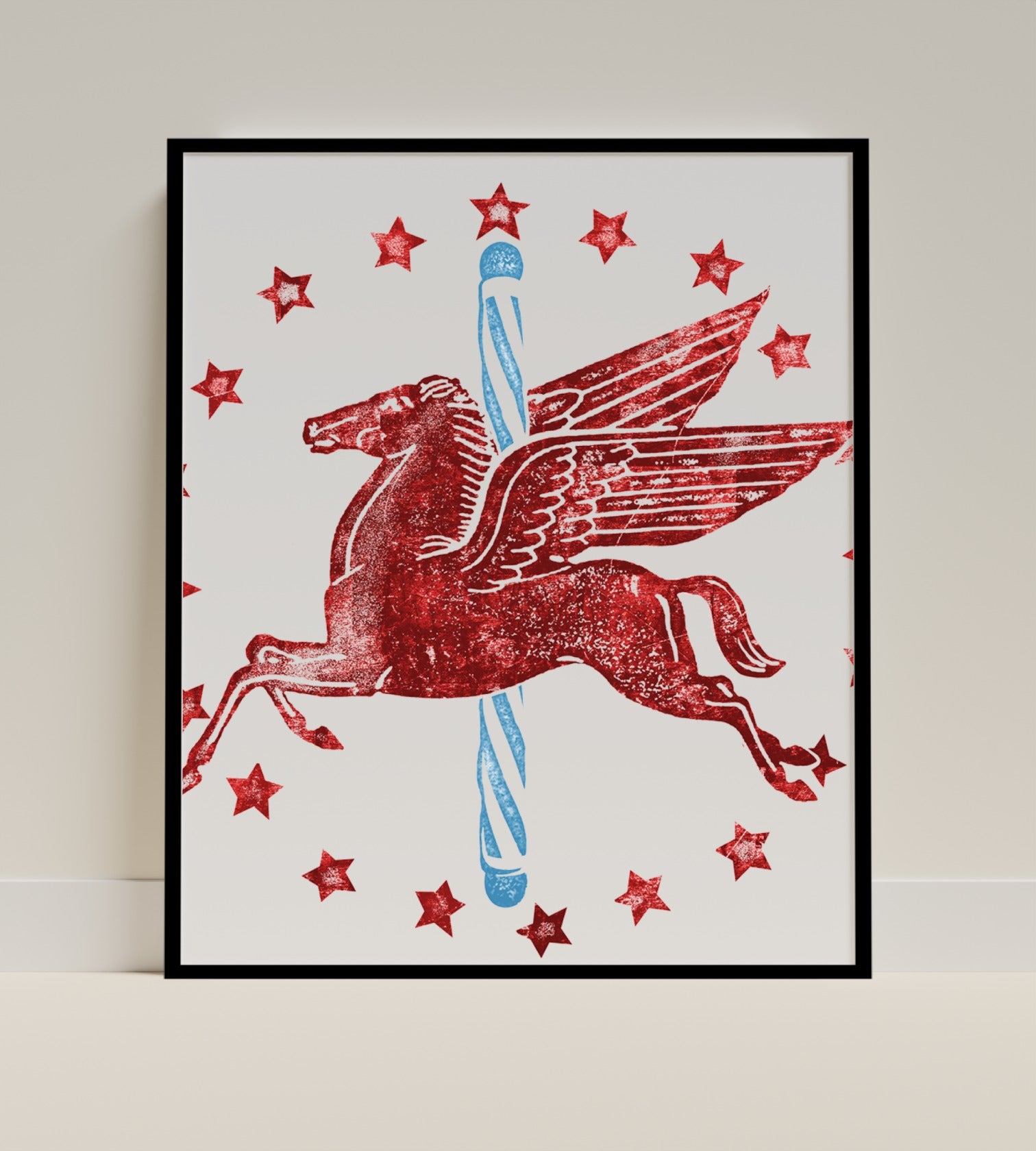 Red Airborne Pegasus with Stars Print Art Poster