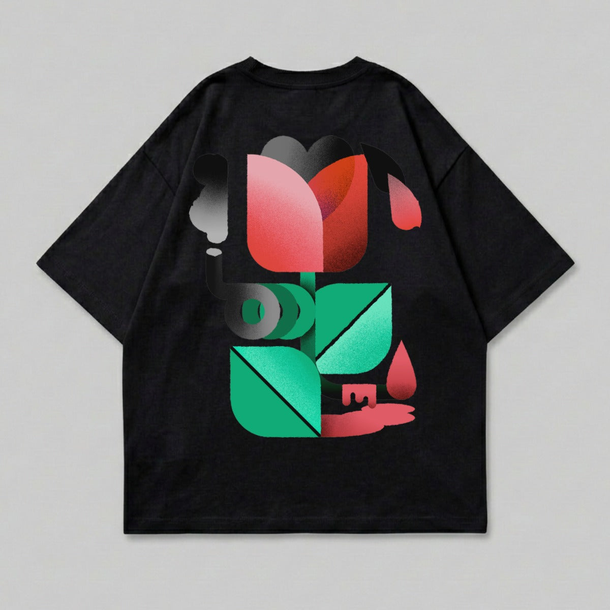 Black t-shirt with abstract geometric tulip design on back.
