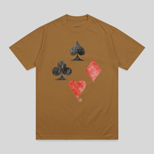 Brown t-shirt with distressed playing card suits: spade, club, heart, diamond.