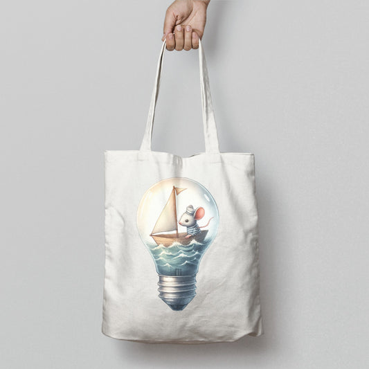 Mouse Sailing in Light Bulb Artwork Tote Bag