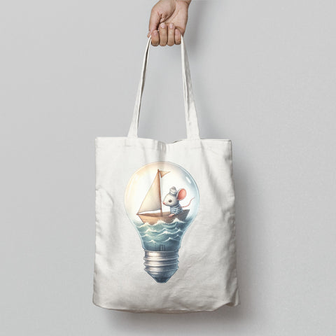 Mouse Sailing in Light Bulb Artwork Tote Bag