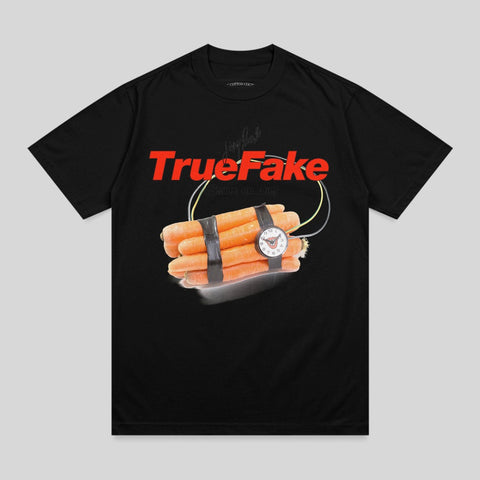Black t-shirt with "TrueFake" text over dynamite and carrots graphic.