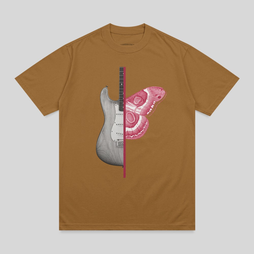 Brown t-shirt with half electric guitar and half pink butterfly graphic.