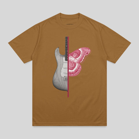 Brown t-shirt with half electric guitar and half pink butterfly graphic.
