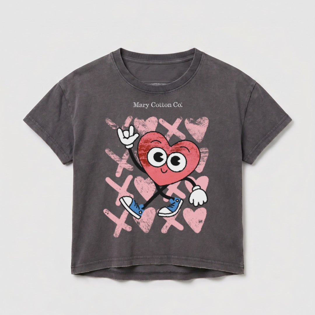 Dark grey t-shirt with cartoon heart giving a rock-on hand gesture.