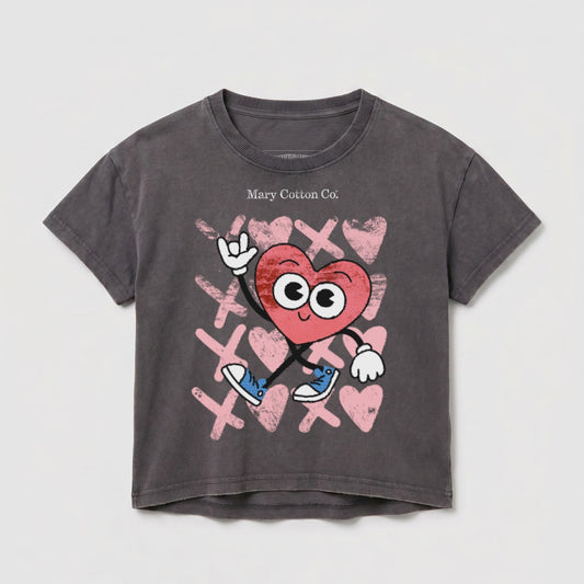 Dark grey t-shirt with cartoon heart giving a rock-on hand gesture.