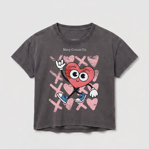 Dark grey t-shirt with cartoon heart giving a rock-on hand gesture.