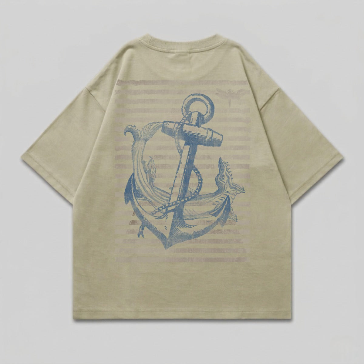 Beige t-shirt with blue anchor and striped design on back.
